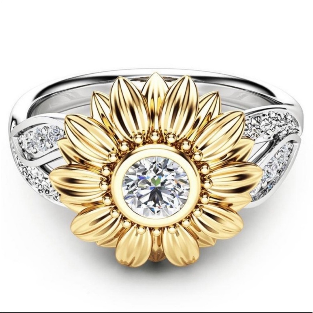 NEW💍18K YELLOW&WHITE GOLD DIAMOND SUNFLOWER RING, CUTE RING, SHINY RING. - Picture 2 of 3